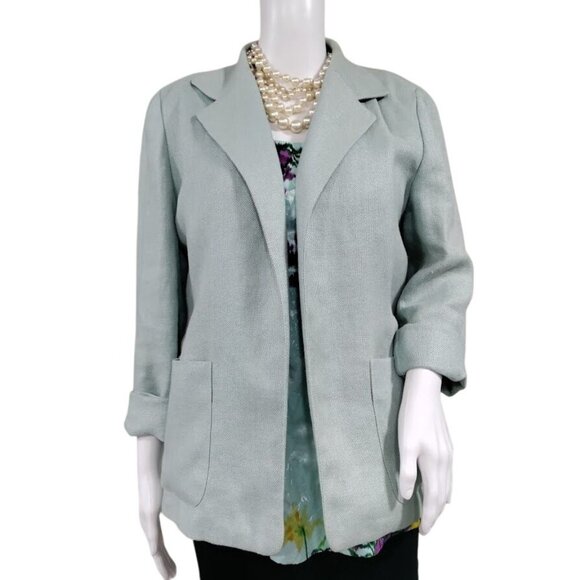 Linda Allard Ellen Tracey Vintage Light Sage Linen Open-Front Blazer 10 - Picture 1 of 13
